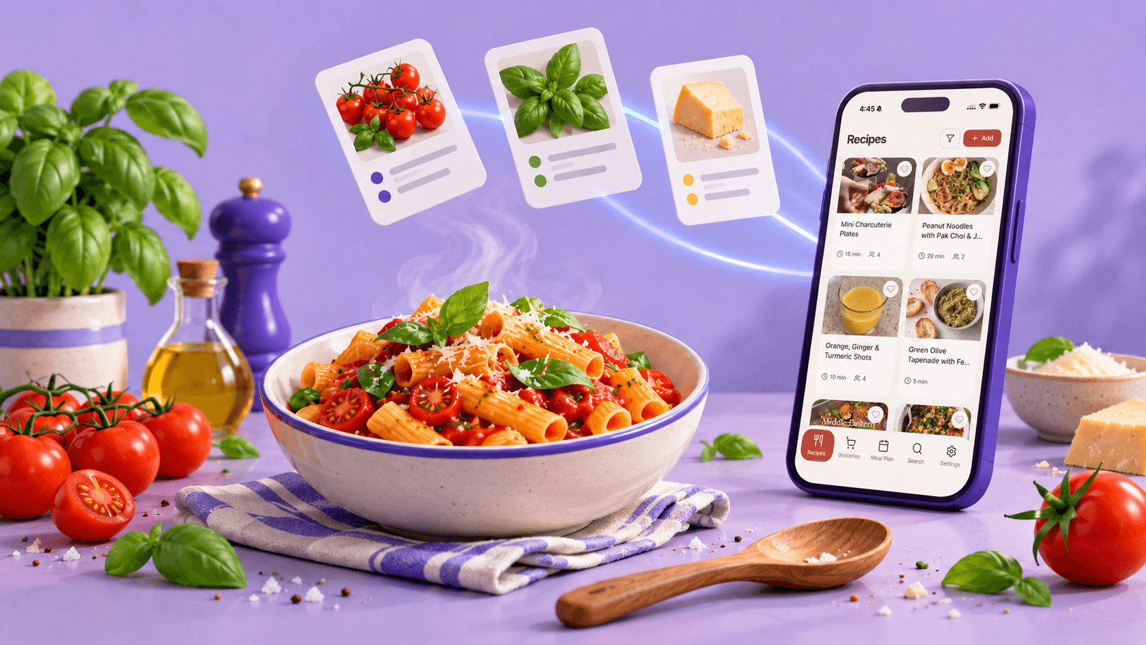 Spiceful’s recipe library displayed on a purple phone beside a steaming bowl of tomato and basil pasta, with fresh ingredients and floating recipe cards against a lavender background.